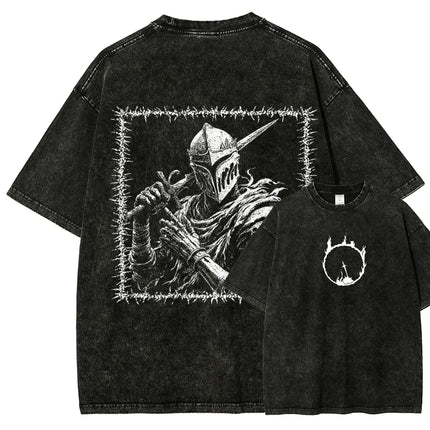 Classic Action Role-playing Game Dark Souls Peripherals Print T-shirt Street Harajuku Men Women Retro Washed Cotton Oversize Top
