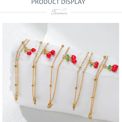 Teamer Enamel Cherry Charm Bracelet For Woman Gold Color Stainless Steel Double Bead Chain Fashion Birthday Friend Jewelry Gift