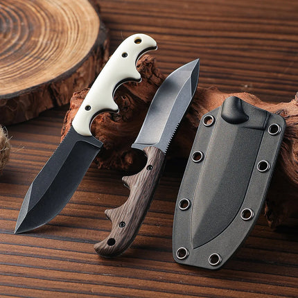 New outdoor small straight knife, stone washed blade camping edc survival knife, white/wood grain handle + k sheath tool.