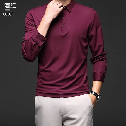 Minglu Mulberry Silk Men's Polo Shirts Luxury Long Sleeve Solid Color Golf Male T-shirts Spring Autumn Business Casual Man Tees