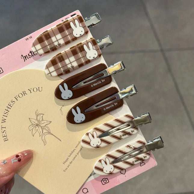 Kawaii Miffy Rabbit Hair Clip, Coffee-colored Plaid Miffy Rabbit Traceless Clip, Sweet and Retro Girls' Cartoon Bangs Clip