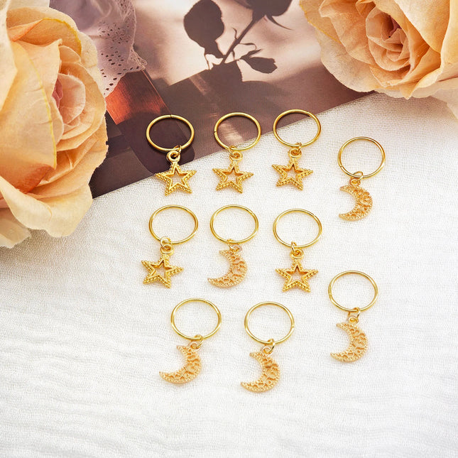10pcs Star&Moon Pattern Hair Ties Set, Gold-Color Unique Dreadlock Hair Accessories, Braiding Decorations For Makeup & Party