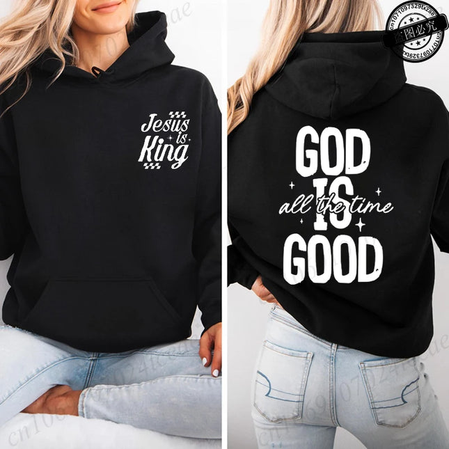 Jesus Is King Printed Hoodie for Women, Casual Loose Pullover for  Women God Is Good All The Time Tops Print Hooded Sweatshirt