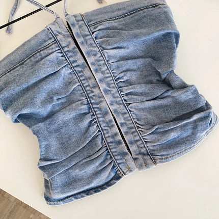 SINGREINY Beach Denim Tank Top 2026 Halter Ruched Slim Solid Camisole Streetwear Hot Girl Basics Y2K Backless Sexy Crop Top