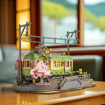 Robotime 3D Puzzles Sakura Journey DIY Model Building Toy with LED Light Wooden Craft Kits Tram Hobby for Kids Brain Teaser Gift