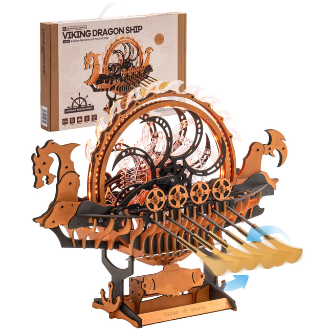 ROKR Wooden 3D Puzzle Viking Dragon Ship Mechanical Model Building Kit for Home Decor 229-Piece Puzzle Toy with LED Light for Bookshelf Decor Gift for Adults Kids