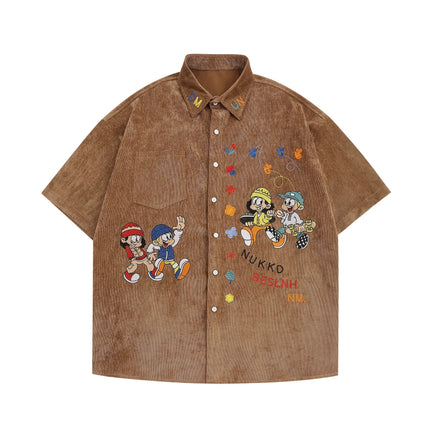 Men Streetwear Beach Shirt Fun Cartoon Embroidery Shirt Summer Hip Hop Oversized Short Sleeve Shirt Button Up Tops Hipster