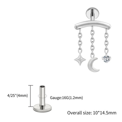 Right Grand ASTM F136 Titanium Hidden Helix Chain Earring 16G Dainty Star Moon CZ Dangle Cartilage Stud Piercing Jewelry