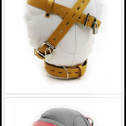 BDSM PU Leather Total Sensory Deprivation Full Head Bondage Hood Headgear Mouth Open Lockable Gimp Bondage Sex Toy for Couple