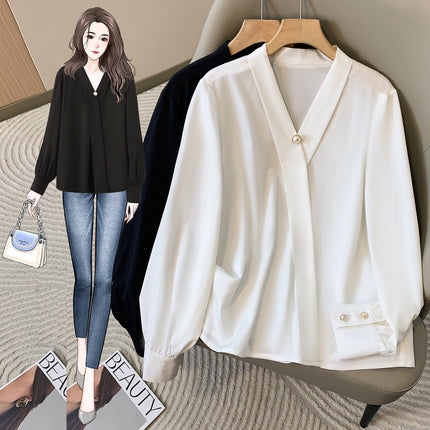Plus Size Chiffon Shirt Women 2024 Autumn V Neck Elegant Black Or White Shirt For Women Korean Style Large Size Blouses Female