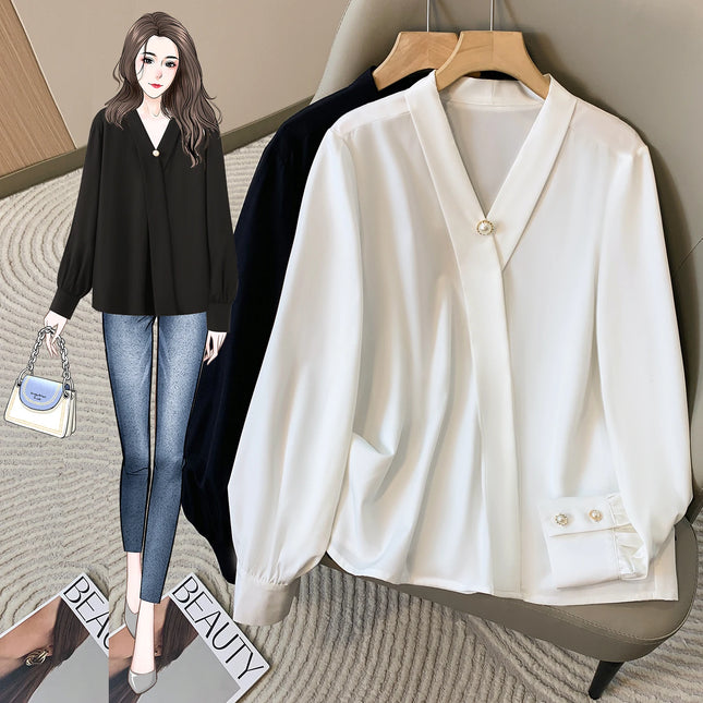 Plus Size Chiffon Shirt Women 2024 Autumn V Neck Elegant Black Or White Shirt For Women Korean Style Large Size Blouses Female
