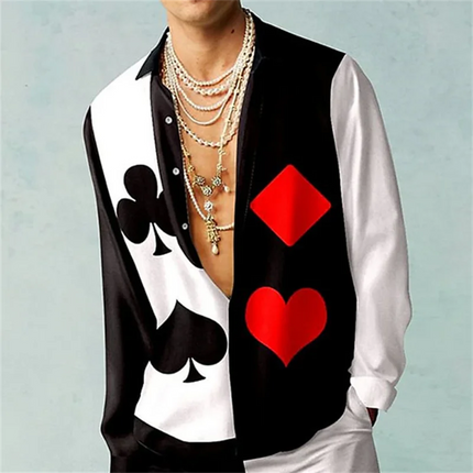 3D printed poker print, high-quality and comfortable men's boutique fashion long-sleeved shirt, trendy printed men's shirt