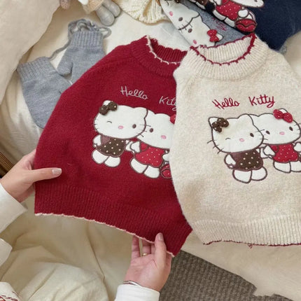 Sanrio Hello Kitty Spring Winter Girls Versatile Sweater Knitted Thermal Casual Layering Top Jumper Pullover Kawaii Kids Clothes