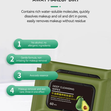 Avocado Makeup Remover Towel - Large Volume 60pcs, 3-in-1 Gentle Deep Cleansing for Eyes, Lips & Face,One-time makeup remover