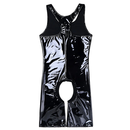 Plus Size Mens Sexy Open Crotch Bodysuit Patent Leather Catsuit Wetlook Erotic Latex Bodycon Crotchless Singlet Leotard Jumpsuit