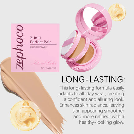 2 in 1 Air Cushion Powder Concealer Foundation Light Natural Long Lasting Oil-Control Waterproof Makeup Foundation Base Cosmetic