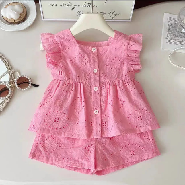New Korean style girls' summer pink cotton suit, baby hollow small flying sleeve top + shorts two-piece sweet baby girl suit