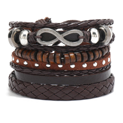 4Pcs/ Set Braided Wrap Leather Bracelets for Men Vintage Life Tree Rudder Charm Wood Beads Ethnic Tribal Wristband Rope Bracelet
