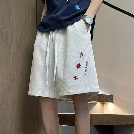 2026 Summer Men's Elastic Waist Casual Graphic Shorts Letter Print Patchwork Baggy Straight Shorts Y2K Fashion Preppy Bermudas