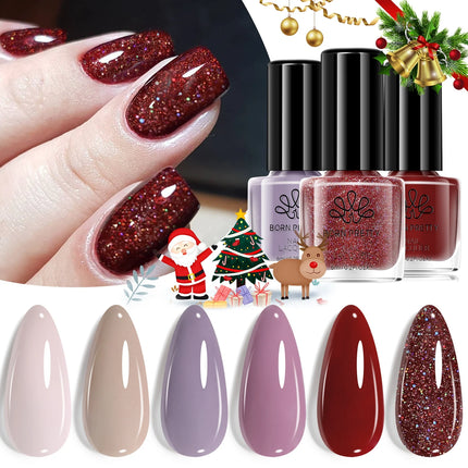 BORN PRETTY 6 Bottles Christmas Carnival Nail Polish Set 6ml Red Green Glitter Natural Air Dry Nail Art Varnish DIY Manicure