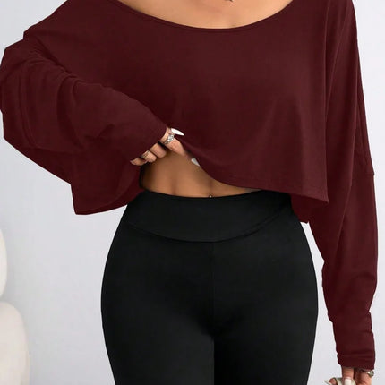 Spring 2025 Women's Loose Collar Base Fashion Crop T-Shirt Long Sleeve Casual Comfortable Line Neckline Solid Short Top
