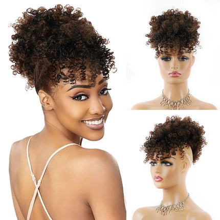Ombre Brown Blonde Short Afro Puff Drawstring Ponytail Hair Bun, Synthetic Curly Bangs Wrap Around Headband Hairpieces for Women
