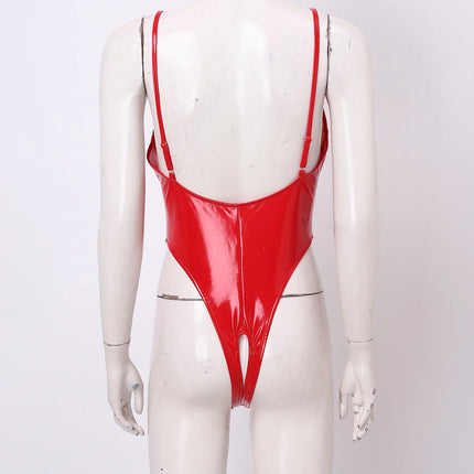 Womens Sexy PU Leather One Piece Lingerie Bodysuit Wet Look Hollow Out Open Cup Crotchless High Cut Leotard Catsuit Nightwear