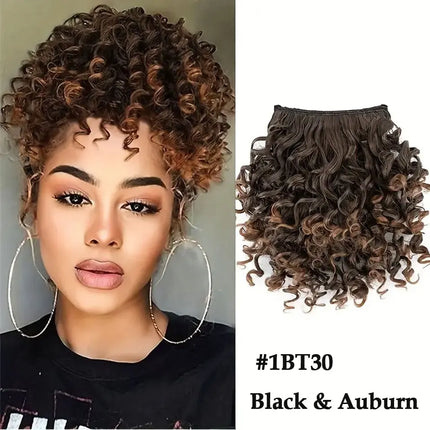 BENEHAIR Short Afro Kinky Curly Bangs Synthetic Clip in Bangs 6-8inch Clip-on Bangs Ponytail Hair Extension Wig For Women
