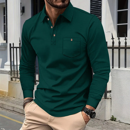 Men's Waffle Knit Polo Henley Shirt - Casual Long Sleeve Turn Down Collar Chest Pocket Button Tee