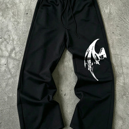 Mens Dark Gothic Spider Bat Wing Print Baggy Wide Leg Sweat Pants Loose Straight Drawstring Hip Hop Street Joggers