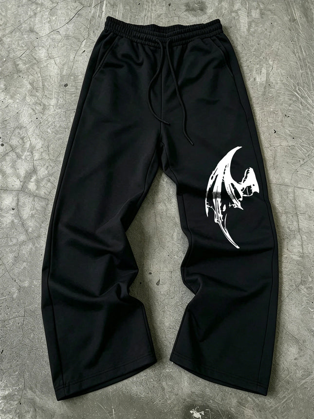 Mens Dark Gothic Spider Bat Wing Print Baggy Wide Leg Sweat Pants Loose Straight Drawstring Hip Hop Street Joggers
