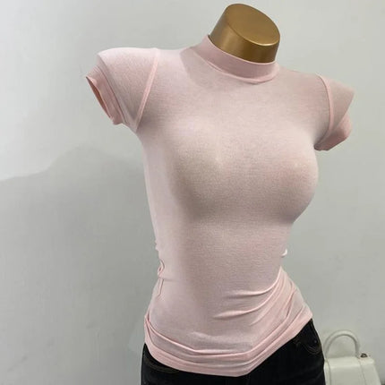 Semi-sheer high-neck T-shirt, Korean style, short-sleeved, slim-fit, elastic, solid inner layering shirt, sexy, for large busts