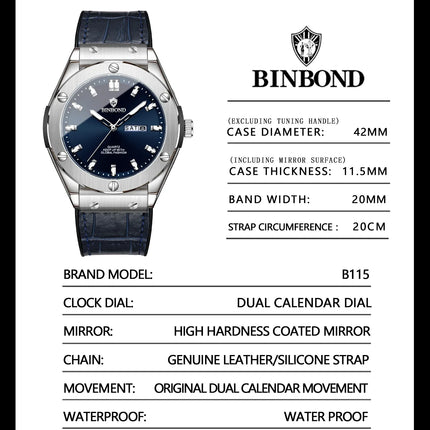 BINBOND Top Brand Business Classic Men's Watches Waterproof Date Week Luxurious Luminous Multifunction Fashion Male Quartz Watch