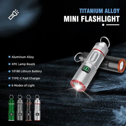 Mini Keychain Flashlight USB Rechargeable LED Pocket Torch with Necklace Portable 6 Lighting Modes Camping Emergency Lantern