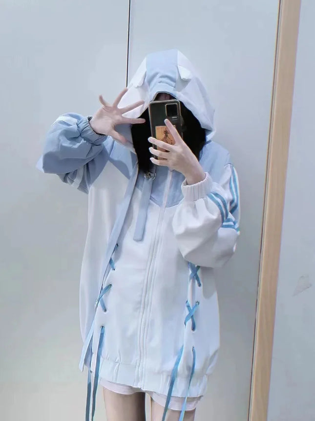 Harajuku Kawaii Clothing Cute Oversized Zipper Hoodie Sweatshirt Women 2024 New Japanese Casual Fashion Gothic Tops Jacket Coat