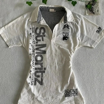 Y2K Japanese Streetwear Polo Shirt Women Slim Crop Tee 2025 White Short Sleeve Tops Letter Badge Houndstooth Vintage Harajuku
