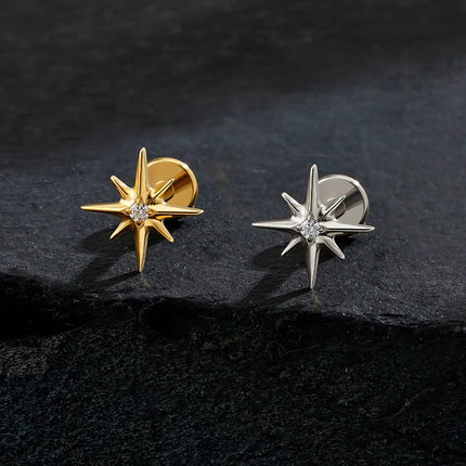 Right Grand ASTM F136 Titanium CZ North Star Flat Back Earring 16G Tiny Starburst Helix Cartilage Stud Earlobe Piercing Jewelry