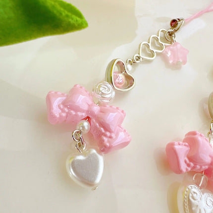 Pink Princess Bow Heart Phone Charm Bowknot Imitation Pearl love Star Beaded Lanyard Chain Keyring for Phone Backpack Wallet