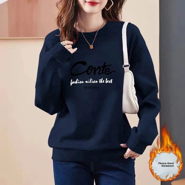 Thickened Fleece Women's Sweatshirt All-Match Comfortable One-Piece Velvet Winter Fashionable Cotton round Neck Printed Top