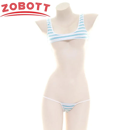 Japanese Sexy Lingerie Lolita Kawaii Blue Pink Striped Mini Bikini Adult Cosplay Erotic Costumes Striped Vest Suit