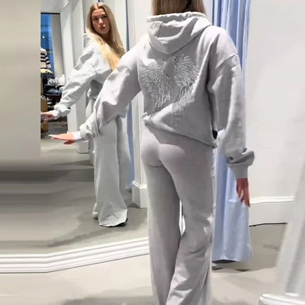 2026 Casual Lady Sweatshirt Set Sequins Angel's Wings Hoodies Women Y2k Chic Loose Long Sleeve Pullovers Top Slim Yoga Pant Set