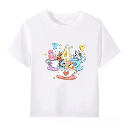 Bluey Children's White Short Sleeve T-Shirt 100% Cotton Number Series Cute Cartoon Tee for Boys and Girls