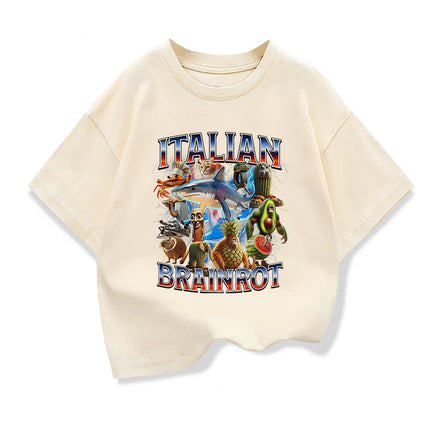 Kids Loose T-shirt Children's Summer Short Sleeved Tops With Funny Italian Brainrot Meme Graphic Boys Basic Pure Cotton Clothes