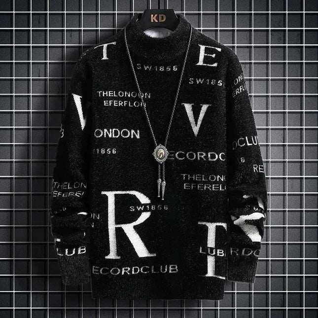 Men's Autumn Winter Fleece Lined Knitted Half High Collar Sweater Letter Pattern Thick Warm Casual Wear for All Seasons
