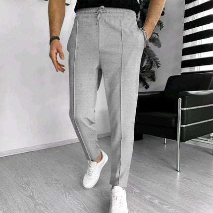 Men Waffle Knit Slim Fit Pants Drawstring Trousers With Pockets Stylish Design Spring Autumn Outdoor Travel Daily Street Wear