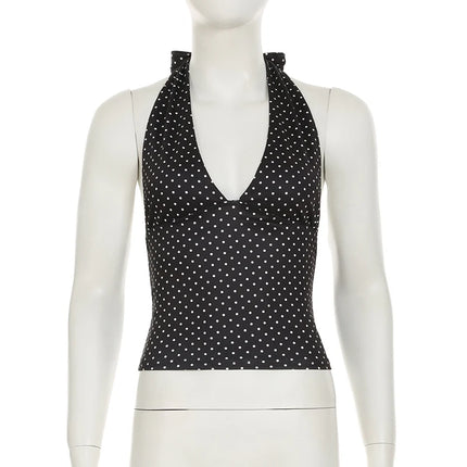 SUCHCUTE Y2K Solid Backless Halter Crop Top Women Sexy Sleeveless Low Cut V-neck Tank Tops Summer Casual Slim Vest Coquette 2025