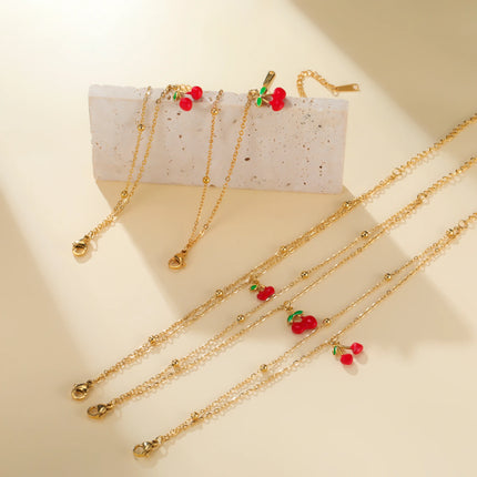 Teamer Enamel Cherry Charm Bracelet For Woman Gold Color Stainless Steel Double Bead Chain Fashion Birthday Friend Jewelry Gift