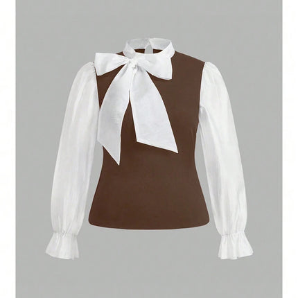 Plus Size Women's Elegant Contrast Bow Tie Long Sleeve A-Line Office Work Shirt Business Pink Black Brown Best for Spring