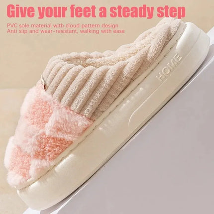 Fashion Couple Winter Toe Wrap Warm Plaid Plush Slippers Men Women Thick Soft Sole Slides Indoor Floor Flat Home Non-slip Shoes