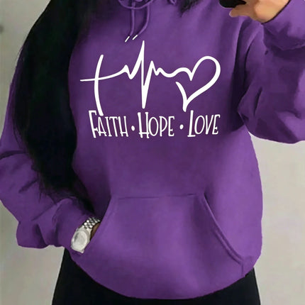 Fashion Faith Hope Love Letter Graphic Hoodies Women Loose Oversized Heart Pulse Print  Sweatshirt Black Daily Casual Hoody